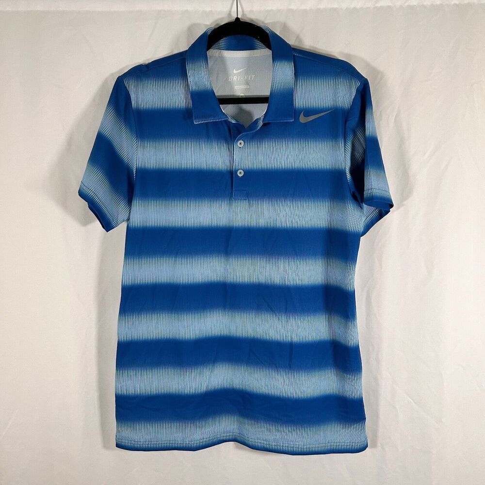 Nike Golf Shirt Men's Medium Blue Striped Short Sleeve 1/4 Button Dri-Fit Collar
